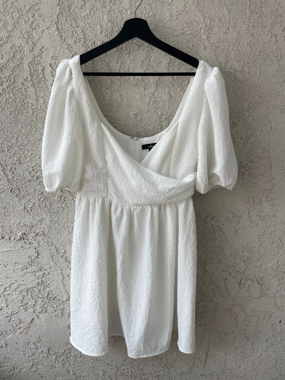 Lulus White Puff Sleeve Mini Dress Large Textured Wrap Front Fit Flare
